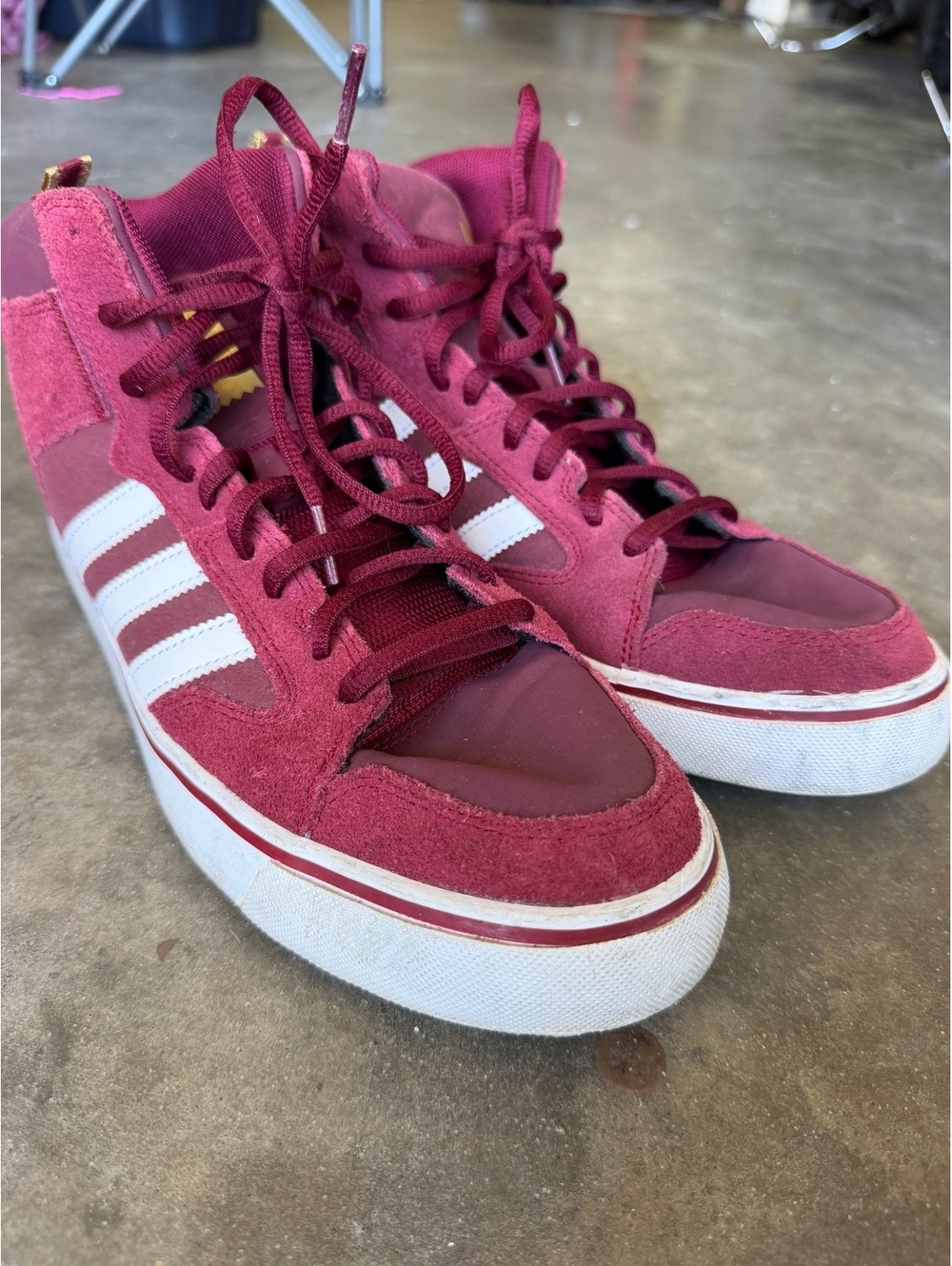 Adidas Burgundy High-Top Sneakers with White Stripes, Size 10.5 US